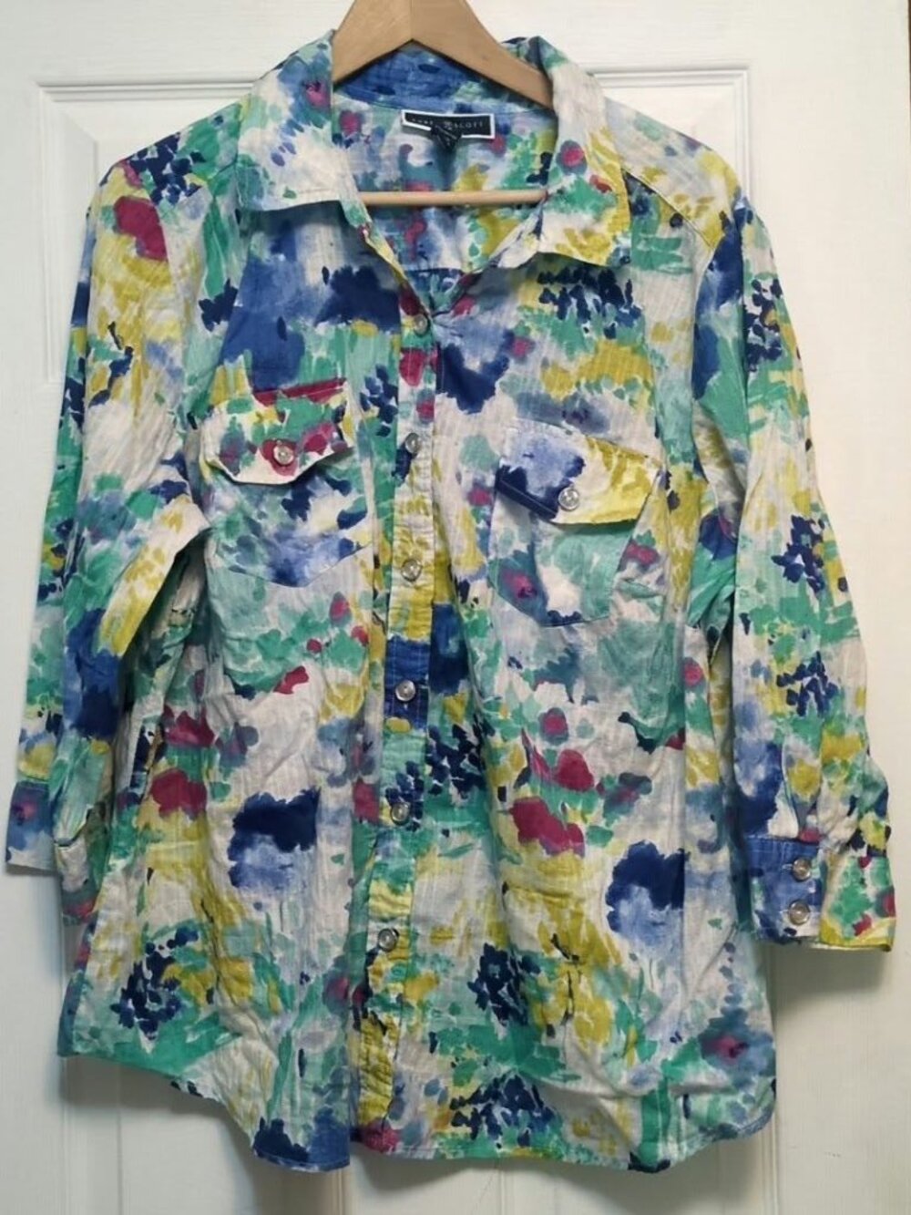 Karen Scott Woman Watercolor Floral Cotton Button Up Shirt 2X Plus Sz 3/4 Sleeve